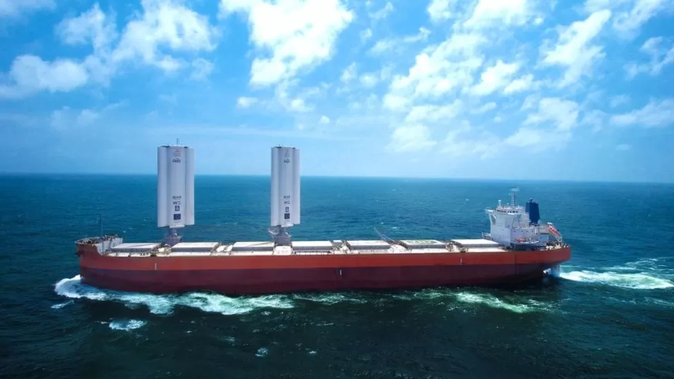 Cargo ship with modern sails
